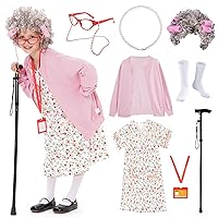 FAYBOX 9 pcs Old Lady Costume for Kids,100 Days of School Costume Old Lady Wig for Girls,Halloween Granny Grandma Dress Up