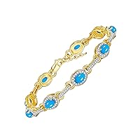 Rylos Yellow Gold Plated Silver Tennis Bracelet with Turquoise Gemstones & Diamonds, Adjustable 7