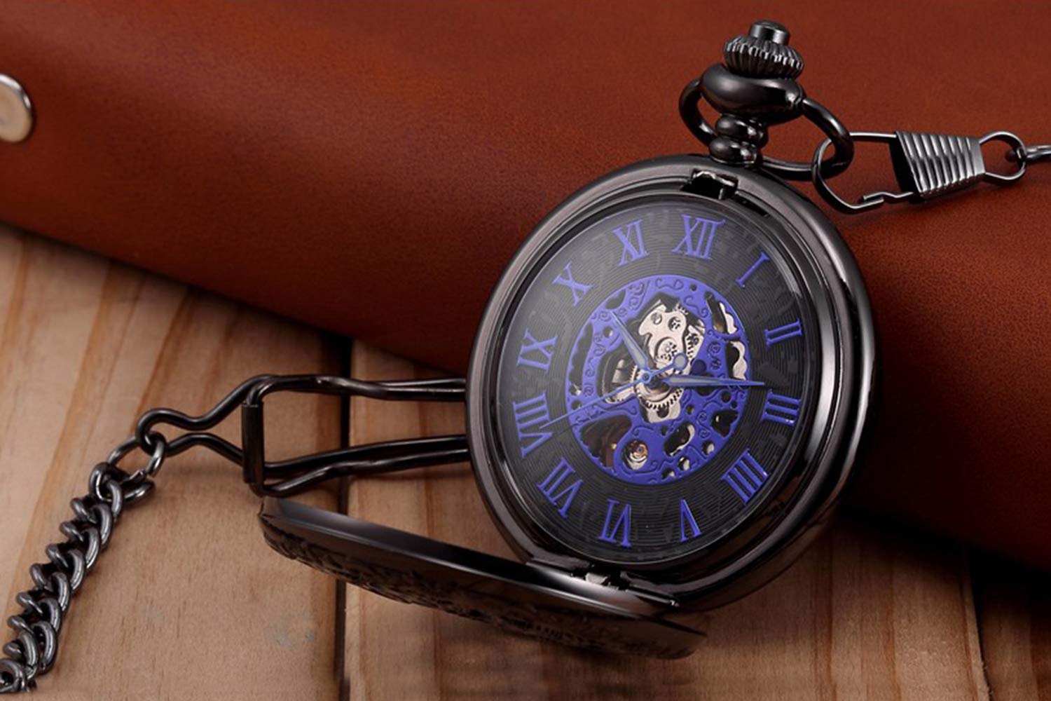 LYMFHCH Steampunk Blue Hands Scale Mechanical Skeleton Pocket Watch with Chain Mens Womens Watch Christmas Graduation Birthday Gifts Fathers Day