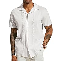 PJ PAUL JONES Mens Casual Button Down Shirts Linen Cuban Guayabera Beach Shirt