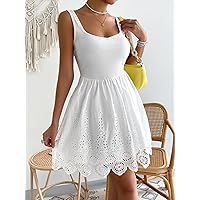 Summer Dresses for Women 2022 Ribbed Knit Contrast Eyelet Embroidery Dress Dresses for Women (Color : White, Size : Small)