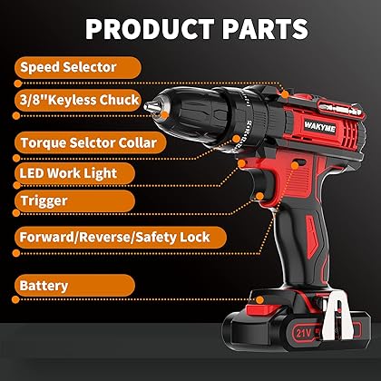 WAKYME 21V Impact Drill with 2 Batteries, Cordless Drill Driver 350 In-lb Torque 25+3 Clutch, 3/8