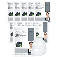 DERMAL Charcoal Collagen Essence Korean Facial Mask Sheet Pack of 10 - Pore Purifying, Boosting Moisture, Rejuvenating Clarity - Hypoallergenic Skin Friendly Sheet
