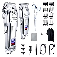 Professional Hair Clippers for Men, Cordless Barber Clippers for Hair Cutting Kit, Wireless LCD Display & Silver Metal Casing Hair Trimmers Set, Rechargeable Haircut Machine for Family