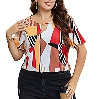 Plus Size Women Classic Round Neck Short Sleeve Summer Tops Fashion Geometric Printed T Shirts Cool Comfy Blouse