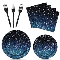 96 Pcs Galaxy Party Starry Night Supplies Tableware Set Outer Space Theme Birthday Star Party Table Decorations Solar System Paper Plates Napkins Forks for 24 Guests
