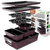 NutriChef 8-Piece Nonstick Stackable Bakeware Set - PFOA, PFOS, PTFE Free Baking Tray Set w/Non-Stick Coating, 450°F Oven Safe, Round Cake, Loaf, Muffin, Wide/Square Pans, Cookie Sheet (Plum)