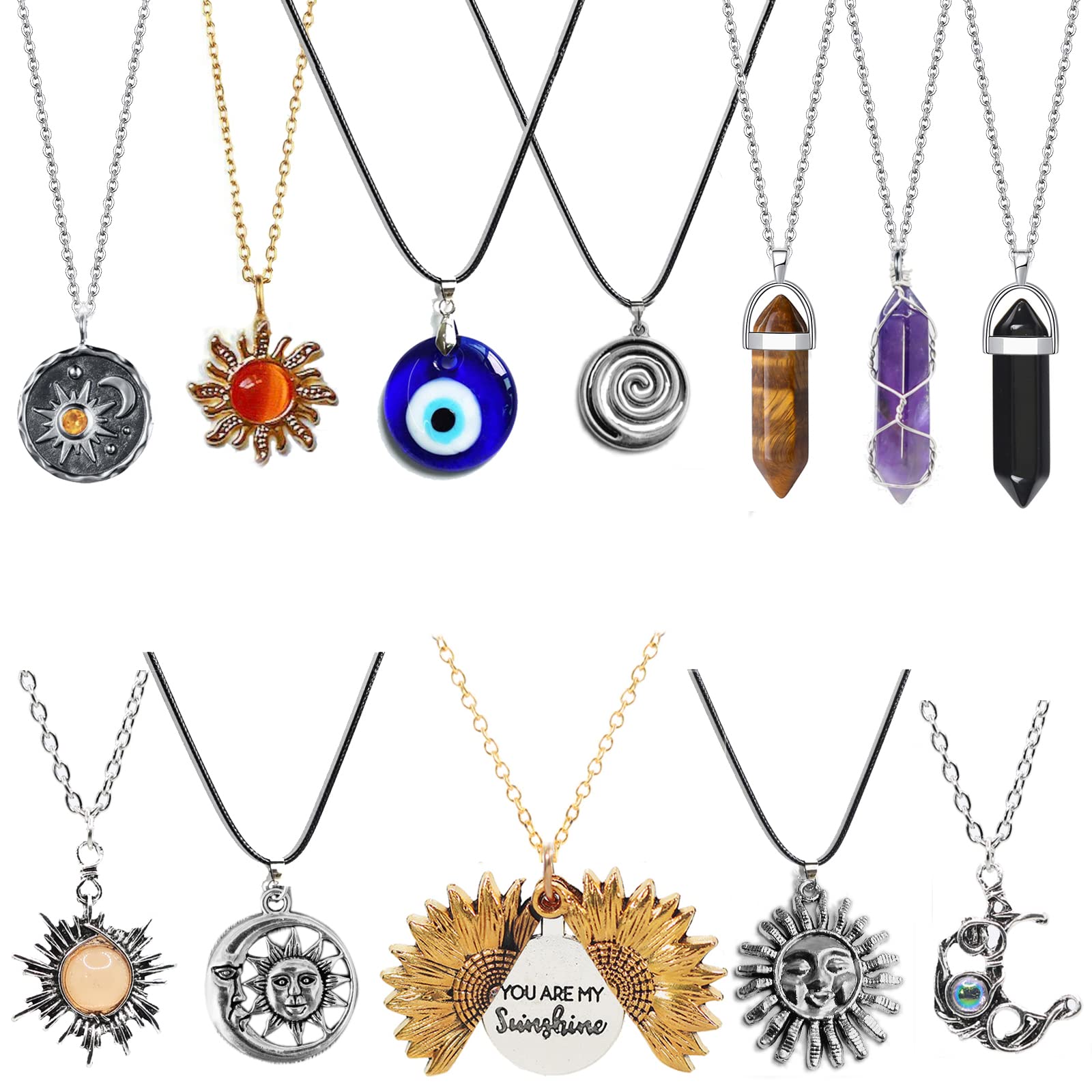 YIISIIY 12 Pcs Crystal Pendant Necklace Evil Eye Necklace Sunflower Necklace Moon and Sun Hippie Necklace Indie Aesthetic Jewelry Accessories Set for Women Men Girls