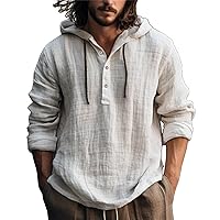 Mens Hoodie Linen Henley Shirt Long Sleeve Casual Lightweight Button Up Hooded T Shirts Summer Beach Yoga Shirt