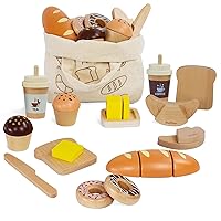 PairPear Wooden Bakery Toy Food Playset,Kids Pretend Play Food Kitchen Accessories with Shopping Bag,Toddlers Cutting Food Gift for Boys and Girls 3 Years and Up