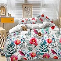 Floral King Duvet Cover Set- Red Flower with Leaves and Bird Printed Comforter Cover King Size-3 Pieces Soft Lightweight Microfiber White Floral Aesthetic Bedding Set