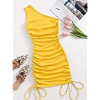 Dresses for Women Dress Women's Dress One Shoulder Ruched Knot Side Bodycon Dress Dress (Color : Yellow, Size : Large)