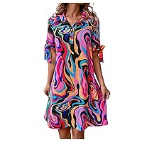 Floerns Women's Allover Print Collared Knot Short Sleeve Button Front Shirt Dress