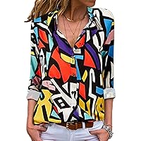 Astylish Women Summer Long Sleeve Collared Button Down Print Shirt Tops Multicolor Medium