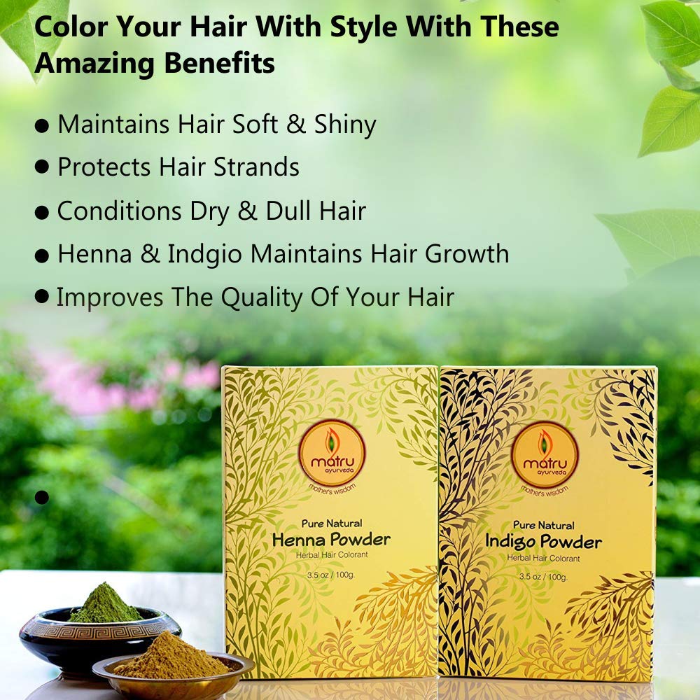 Matru Ayurveda 100% Pure & Natural Mehndi/Henna(100gms)+Indigo(100gms) Powder Ayurvedic/Herbal Hair and Beard Dye/Color Kit Chemical Free, Covers Gray Hair, Strengthens Dull Hair (SET OF 1)