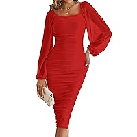 MEROKEETY Women's Long Puff Sleeve Ruched Bodycon Dress Square Neck Mesh Cocktail Party Midi Dresses