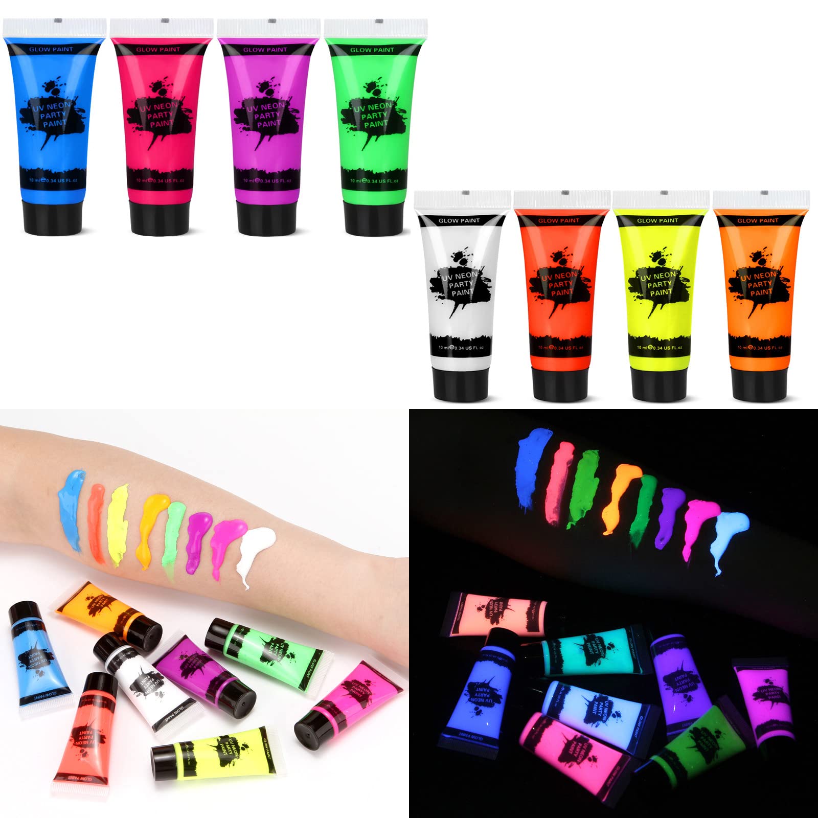 UV Glow Blacklight Neon Face and Body Paint, 8 Tubes 0.34oz Glow in the Dark Body Paints, Neon Fluorescent Glow in Dark Party Supplies (10ml)