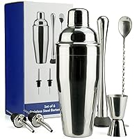 Barware Set - 6pc - Stainless Steel - Professional Bar Tools for Drink Mixing, Home, Bar, Party, Silver, 24oz (851111)