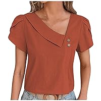 Blouses for Women, Asymmetrical Neck Short Petal Sleeve Button Detail Blouses Dressy Cute Tops Diagonal V-Neck Shirt