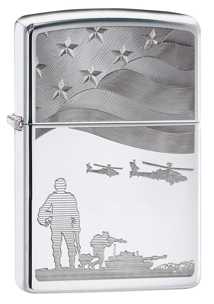 Zippo Lighter: Soldiers and American Flag, Engraved - High Polish Chrome 80790