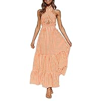 Women's Summer Crossover Halter Neck Sleeveless Plaid Cut Out Backless Flowy A Line Maxi Dress