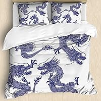 Dragon Theme 3 Pieces Duvet Cover Set Twin/Twin XL Size，Bedding Japanese Dragons Print Duvet Cover，Soft Printed Design Zipper Comforter Cover with Ties and 2 Pillow Shams （Blue，Twin/Twin XL）