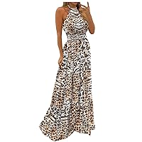 Maxi Dress for Women Summer Sexy Off The Shoulder Tropical Print Boho Dress Slim High Waisted Folds Halter Sundresses