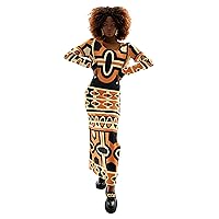 Women's Stretched Fitted Summer Fall Maxi Dress with Unique Vintage Geometric Print Medium Brown 2022