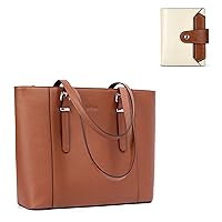 BROMEN Leather Laptop Bag for Women Briefcase Work Tote Brown and Small Wallets for Women Leather RFID Wallet Bifold Card Case Beige with Brown Bundle