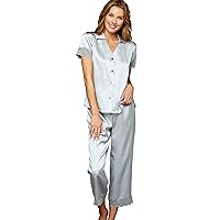 Women's 100% Silk Pajamas, Lace Trim, Cropped, Tresor Delice