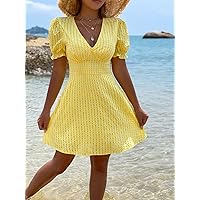 Women's Dress Dresses for Women Gingham Puff Sleeve -line Dress (Color : Yellow, Size : Large)