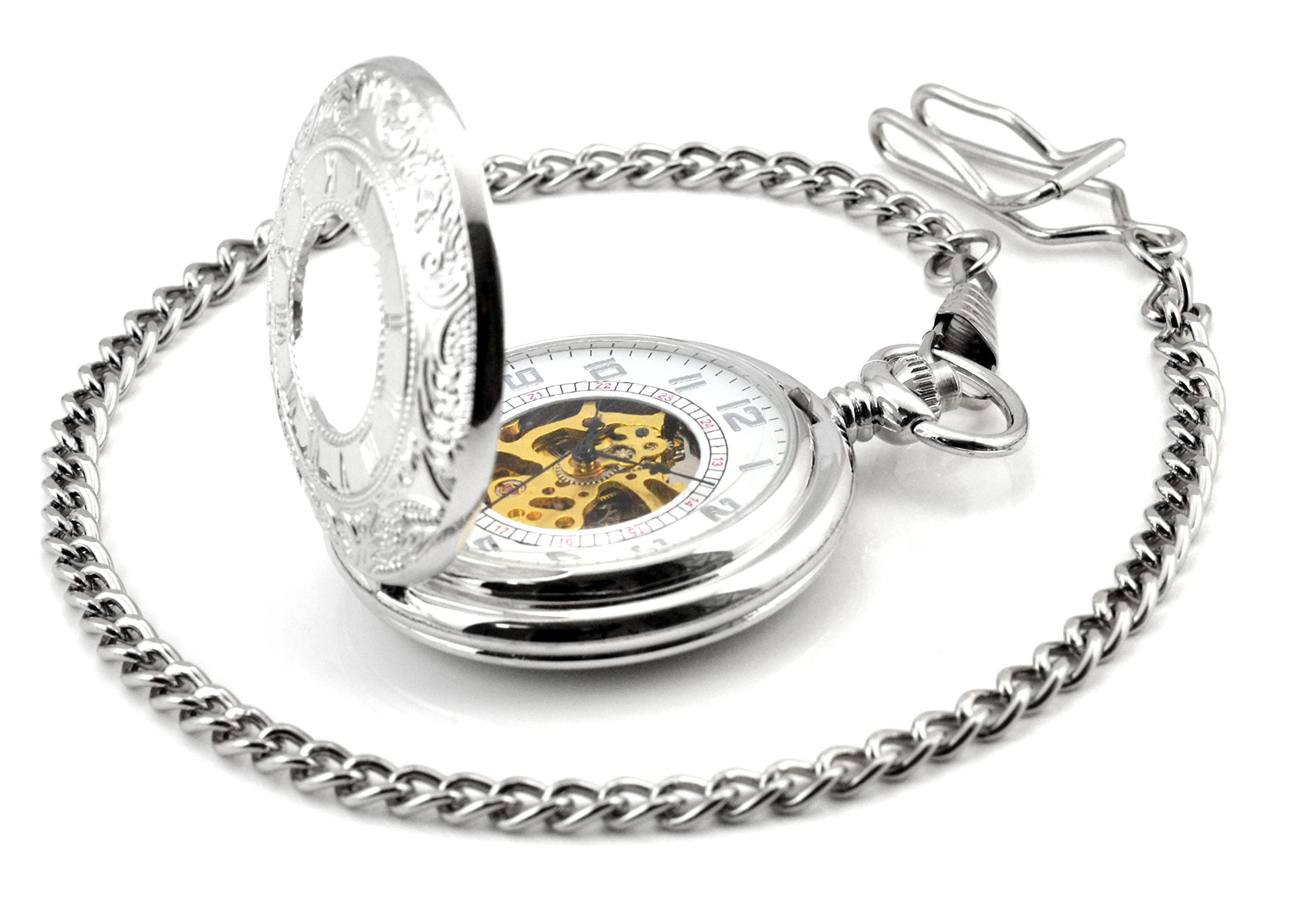 Infinite U Silver Dual Time Display Hollow Skeleton Steel Mechanical Movement Pocket Watch