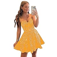Xijun Sequin Homecoming Dresses Short for Teens Sparkly Spaghetti Strap Prom Dress Cocktail Party Gown