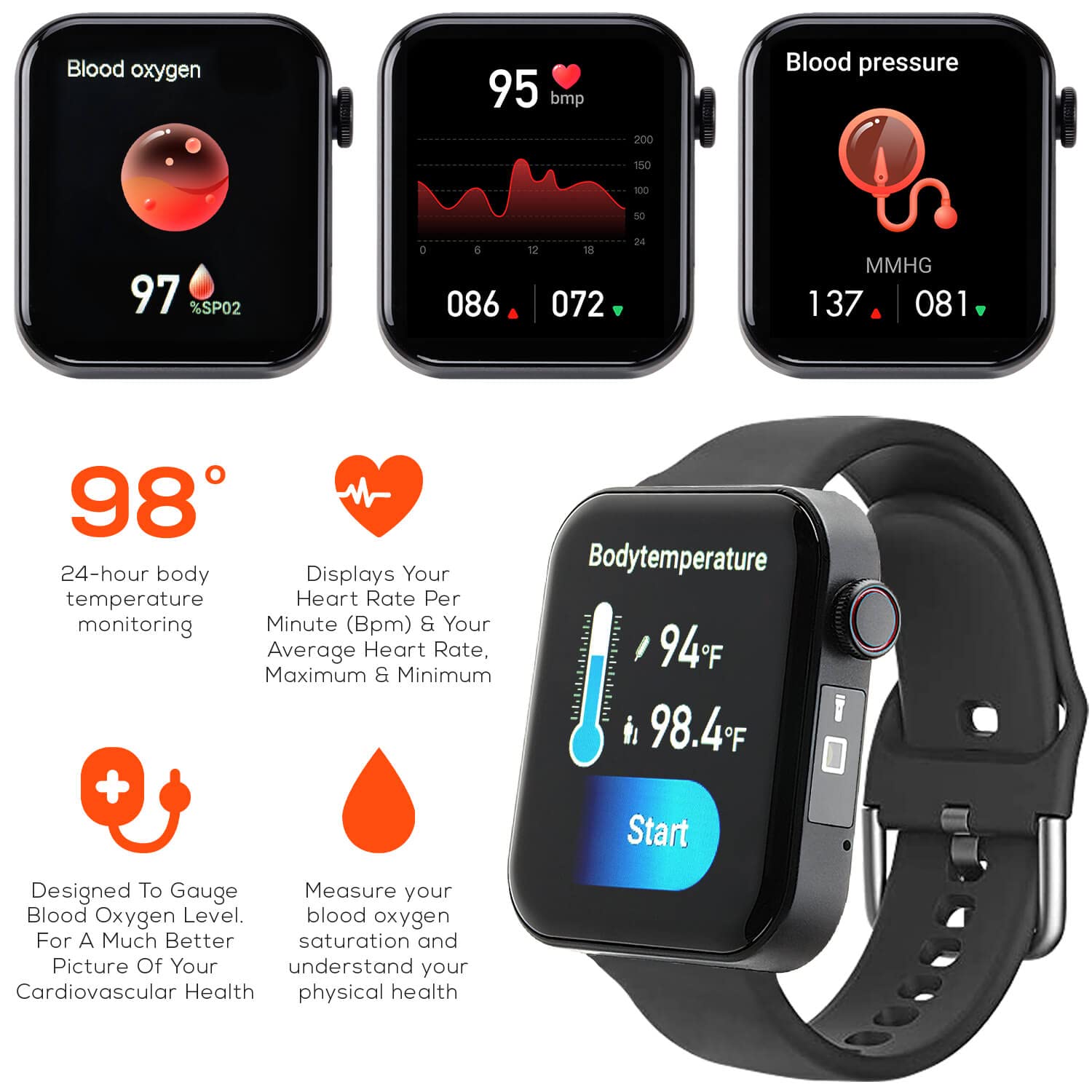 INVENTEL Life Watch Smart Heart Rate Blood Oxygen Body Temperature Sleep Monitor Fitness Steps Tracker Bluetooth Voice Call iOS & Android Compatible IP67 Waterproof - Black