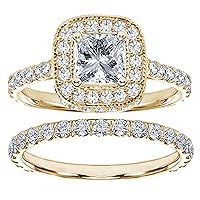 14k Yellow Gold Pave Set Diamond Encrusted GIA Certified Princess Cut Engagement Bridal Set (1.30-2.42 CT TDW)