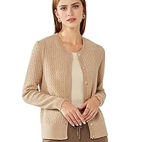 100% Cashmere Women's Cable Knit Cardigan Sweater Long Sleeve Crew Neck Warm Button Down for Spring Autumn Winter