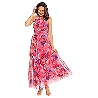 London Times Floral Print Maxi Sleeveless Halter Summer Pleated Skirt, Pink Dresses for Women