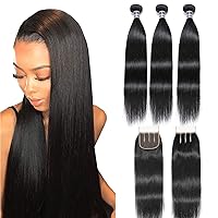 Straight Hair Bundles with Closure (16 18 20 +14,3 Part) 9A Malaysian Virgin Straight Hair 3 Bundes with Lace Closure 100% Unprocessed 1B Color Huamn Hair Weave for Women