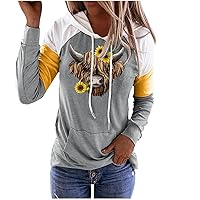 Women Fashion 2023 Pockets Sweatshirts Cow Head Print Casual Hoodie Pullover Color Block Long Sleeve Workout Tops