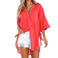 Women Long Sleeve Boyfriend Button Down Shirts Asymmetrical Casual Lace Up Oversized Tunic Tops