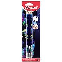 Maped - Deepsea Graphite Pencils - HB Pencils with Eraser Tip - Ergonomic Triangular Shape - Durable Lead - Box of 6 Pencils