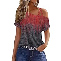 One Shoulder Shirts for Women Sexy Printing Short Sleeve Tee Tops Summer Dressy Loose Fit Blouse