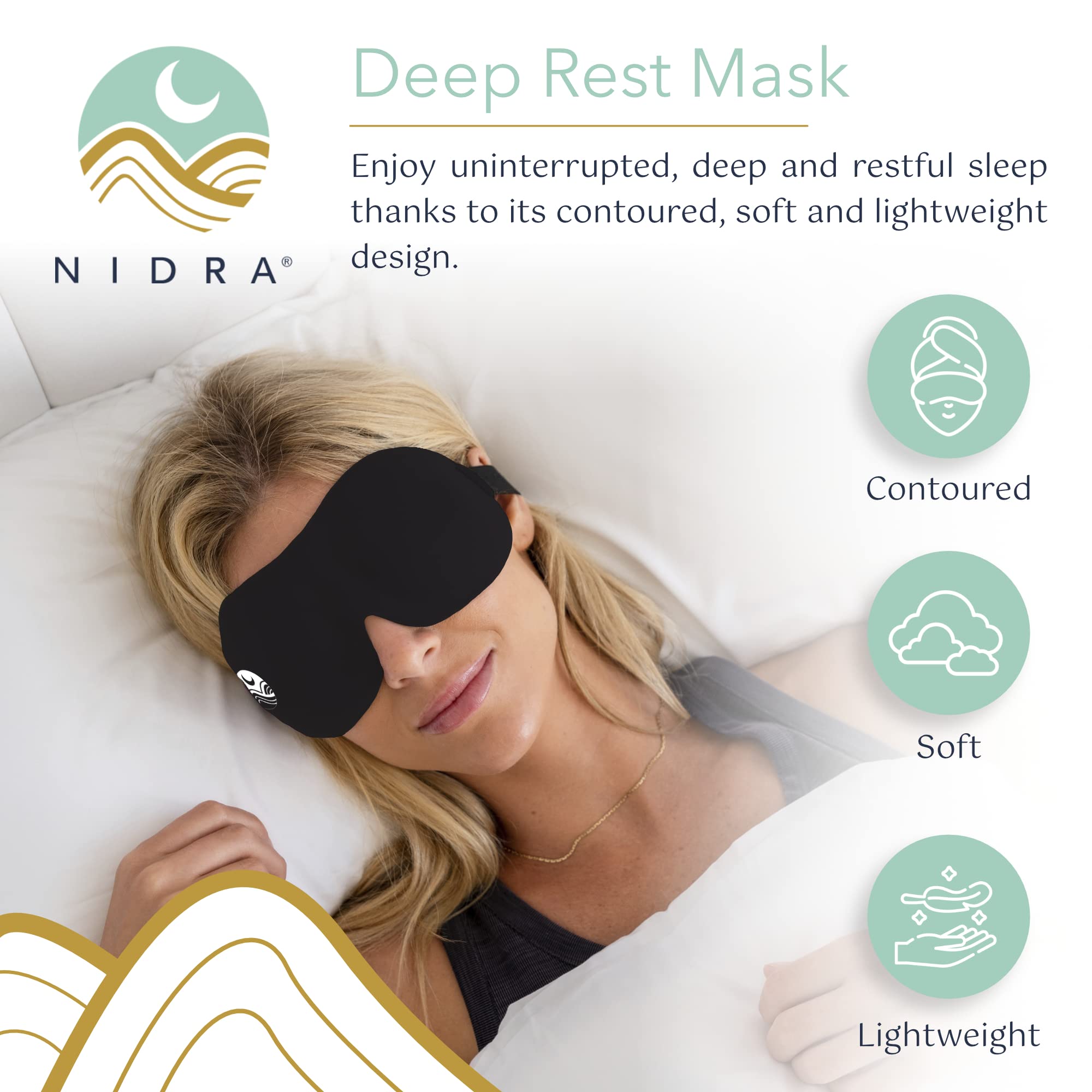Nidra Sleep Mask Light Blocking, Deep Rest Blackout Eye Mask for Sleeping, 3D Comfort Contoured for Side Sleepers, Travel, Yoga, Lightweight and Soft - Black