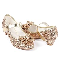 ADAMUMU Girls Dress Shoes Princess High Heel Mary Jane Glitter Shoes in Wedding Party for Toddler Little Big Girl with Bowknot Flower Velcro