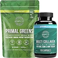 Primal Harvest Super Greens & Collagen Capsules Supplements for Women and Men Superfood Greens Powder and Collagen Peptides Capsules for Hair, Skin, and Nails Bundle