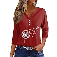 Tops for Women Trendy 2024 Dandelian Print Casual Simple Fashion with Short Sleeve Henry Collar Tunic Shirts