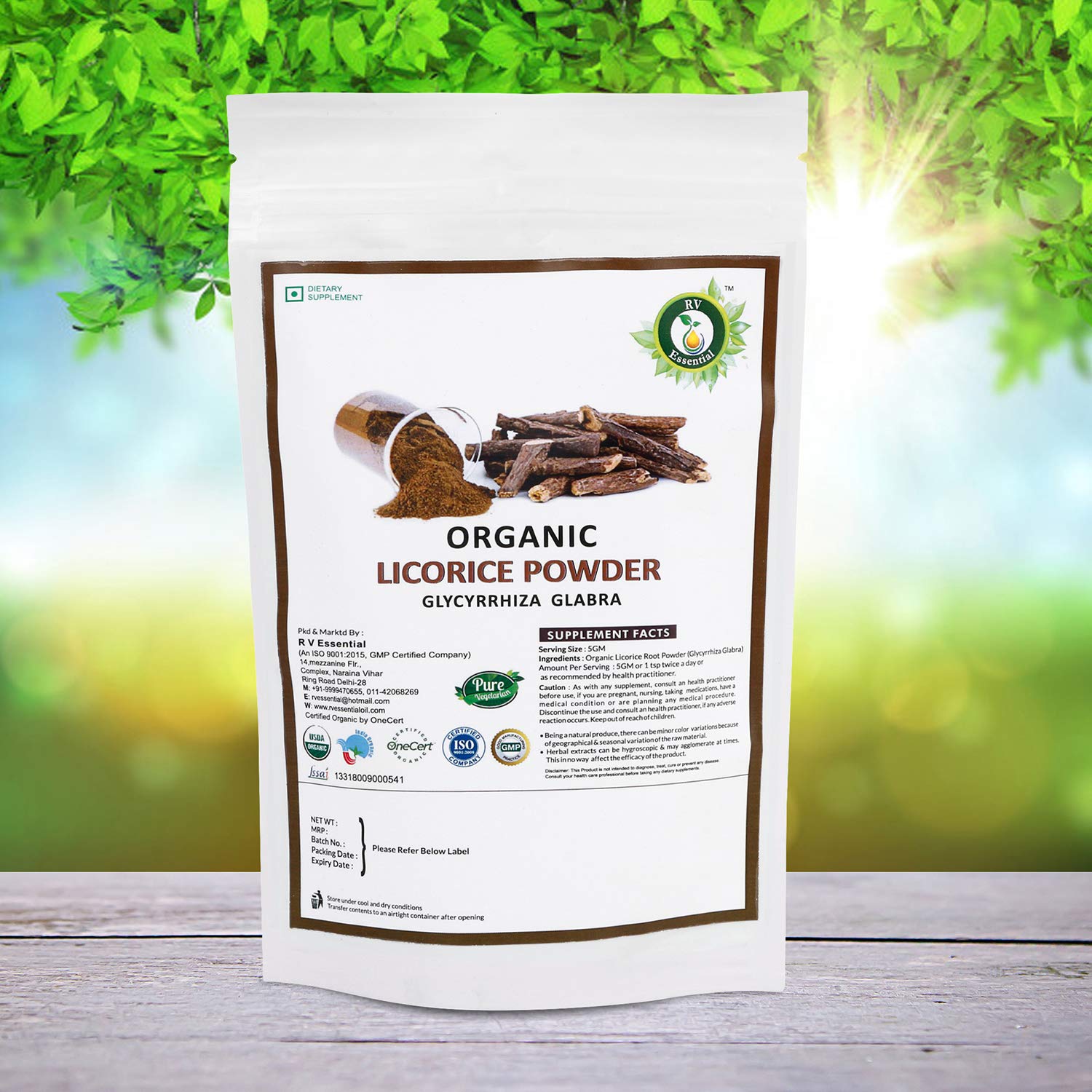 R V Essential Organic Licorice Powder 200gm/ 7.05oz/ 0.44lb Glycyrrhiza Glabra Licorice Root Powder Mulethi Powder Yastimadu Powder Liquorice Powder USDA Organic Certified Supplement in Zip Lock Pouch