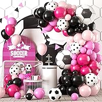 Soccer Party Balloon Garland Arch Kit, Black Hot Pink Balloon Decorations with Soccer Foil Balloon for Women Girls Kids Birthday Sports Party, Soccer Football Theme Birthday Party Decor Supplies