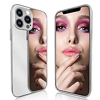 Mirror Case Compatible with iPhone 14 Pro Case for Women, Glitter Luxury Electroplate Edge Makeup Bling Reflective Mirror Back Cover Hard Shell Slim Thin Protective Girly Case Silver