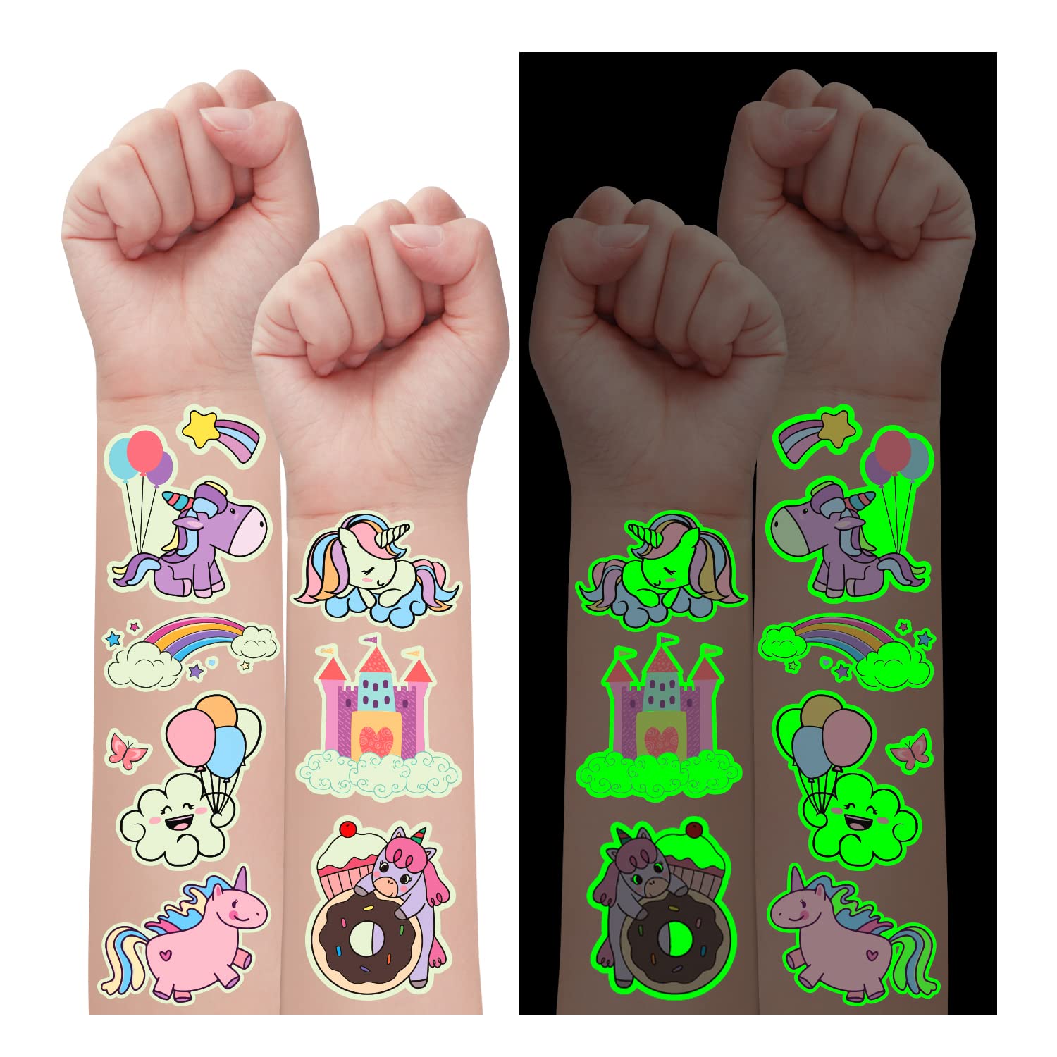 Partywind 28 Sheets (370 Styles) Luminous Unicorn Kids Temporary Tattoos, Glow Unicorn Party Supplies Favors Gifts for Girls, Unicorn Games Toys Goodie Bag Stuffers for Party